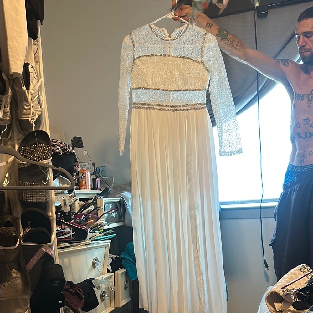 Cream Pleated Gown with Bishop Sleeves